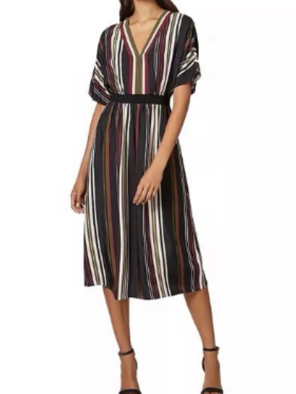 Ted Baker Black Striped V-Neck Midi Dress with Pink and Green Accents